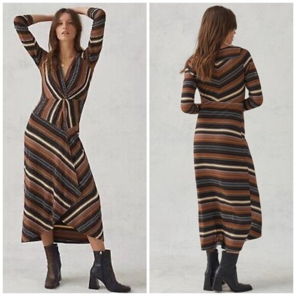 Maeve Anthropologie Striped Wrap Midi Dress Size Small Brown Work Office Retro - Picture 1 of 12